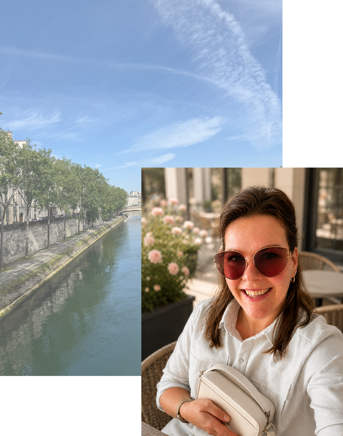 Yvette van Vintytas met zonnebril en witte tas, naast een foto van een gracht